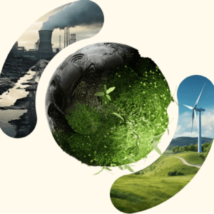 Transformation von einem Kohlekraftwerk in grauer Umgebung zu einem Windrad in grüner Landschaft